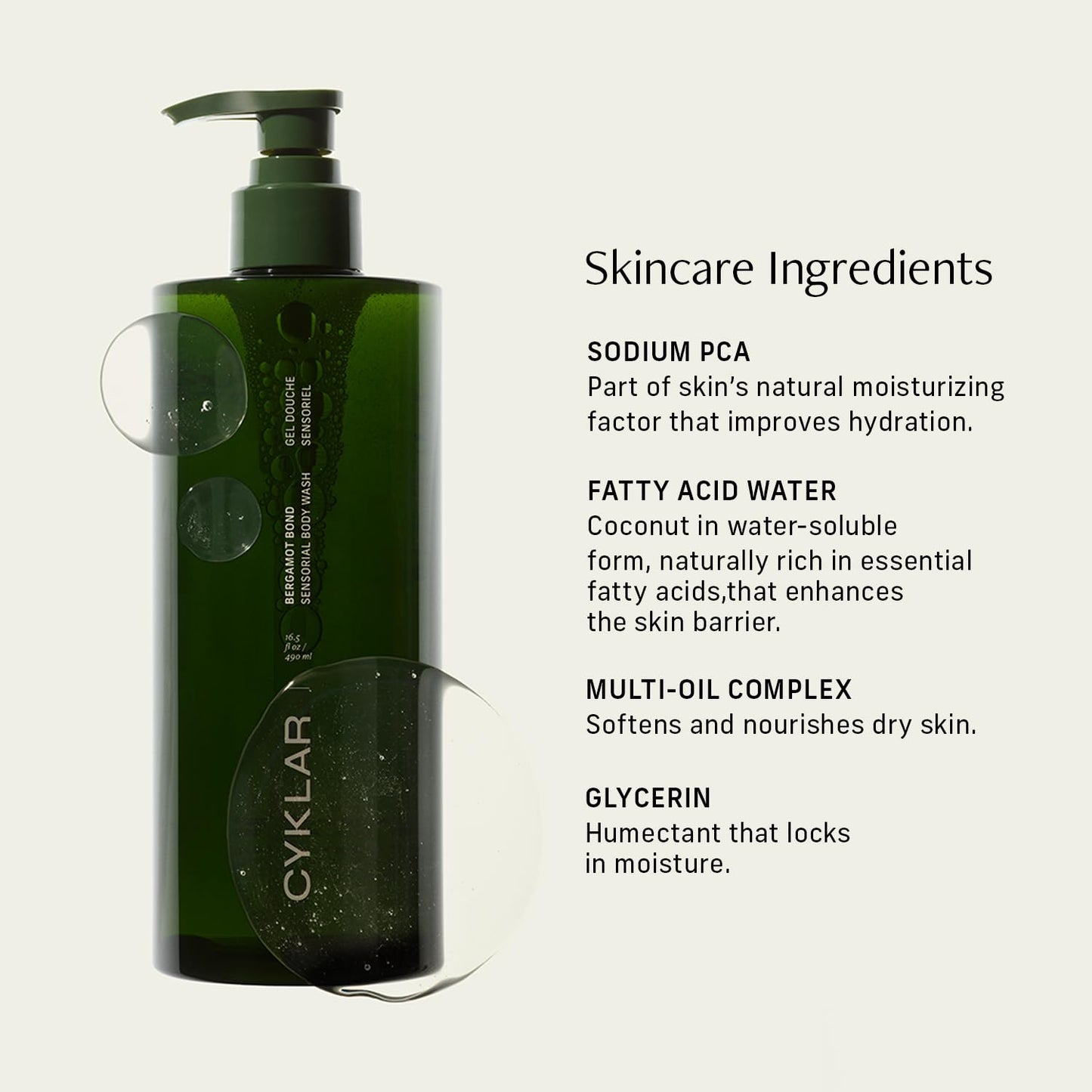 CYKLAR Sensorial Body Wash. Bergamot Bond Hydrating Cleanser with Moisture Locking Multi-Oil Complex, Sodium PCA and Glycerin. Nourishing Shower Gel for Women and Men, 16.5 Fl Oz Luxury Bodywash